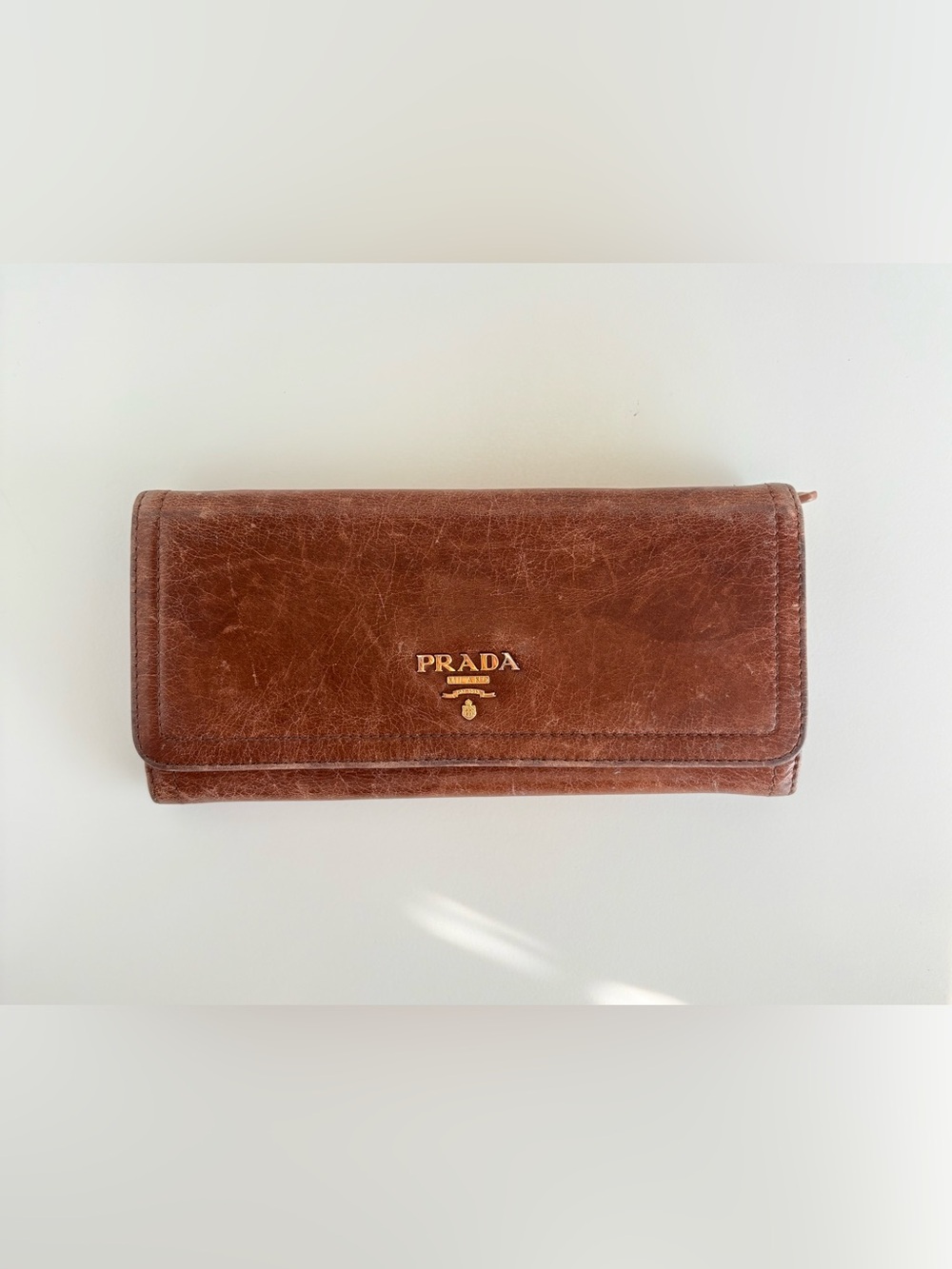 PRADA - Brown Leather Flap Continental Wallet
